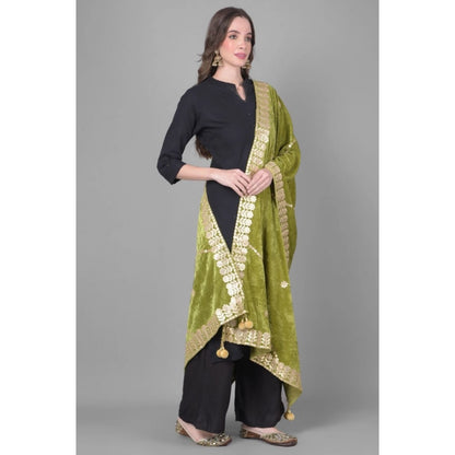 Women's Velvet Gotta Patti Shawl (Olive, Length: 2.25 to 2.50 Mtr)