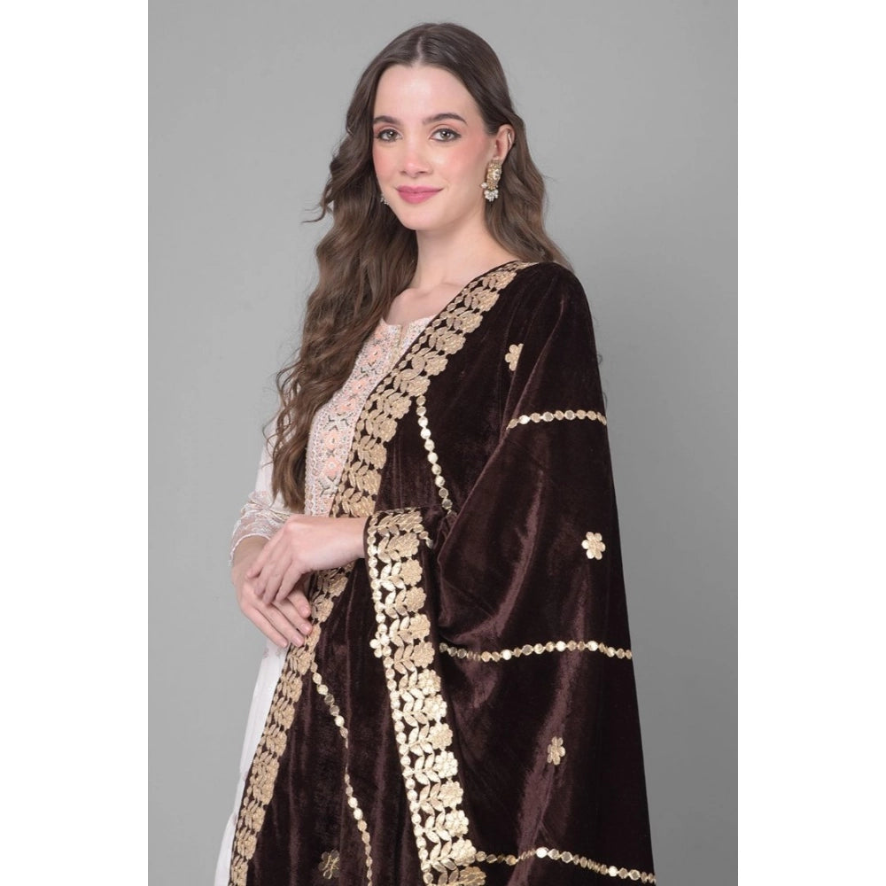 Women's Velvet Gotta Patti Shawl (Brown, Length: 2.25 to 2.50 Mtr)