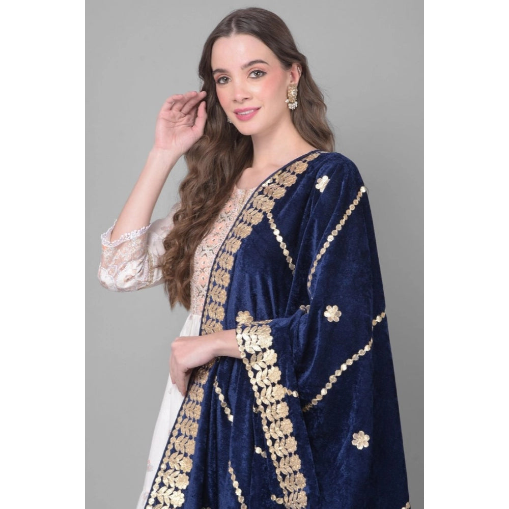 Women's Velvet Gotta Patti Shawl (Navy, Length: 2.25 to 2.50 Mtr)