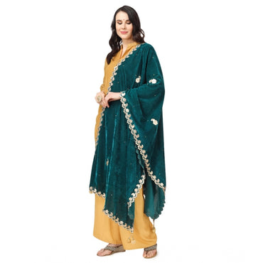 Women's Velvet Gotta Patti Shawl (Dark Green, Length: 2.25 to 2.50 Mtr)