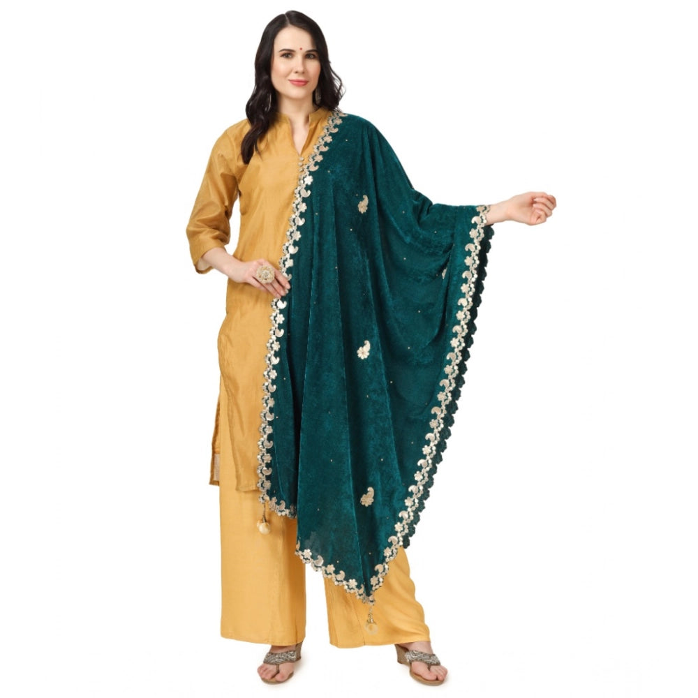 Women's Velvet Gotta Patti Shawl (Dark Green, Length: 2.25 to 2.50 Mtr)