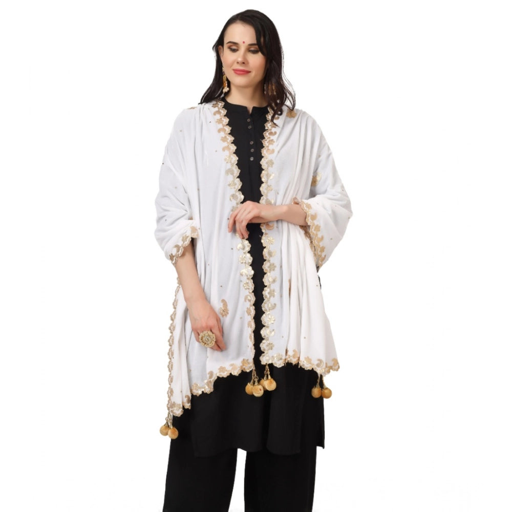 Women's Velvet Gotta Patti Shawl (White, Length: 2.25 to 2.50 Mtr)