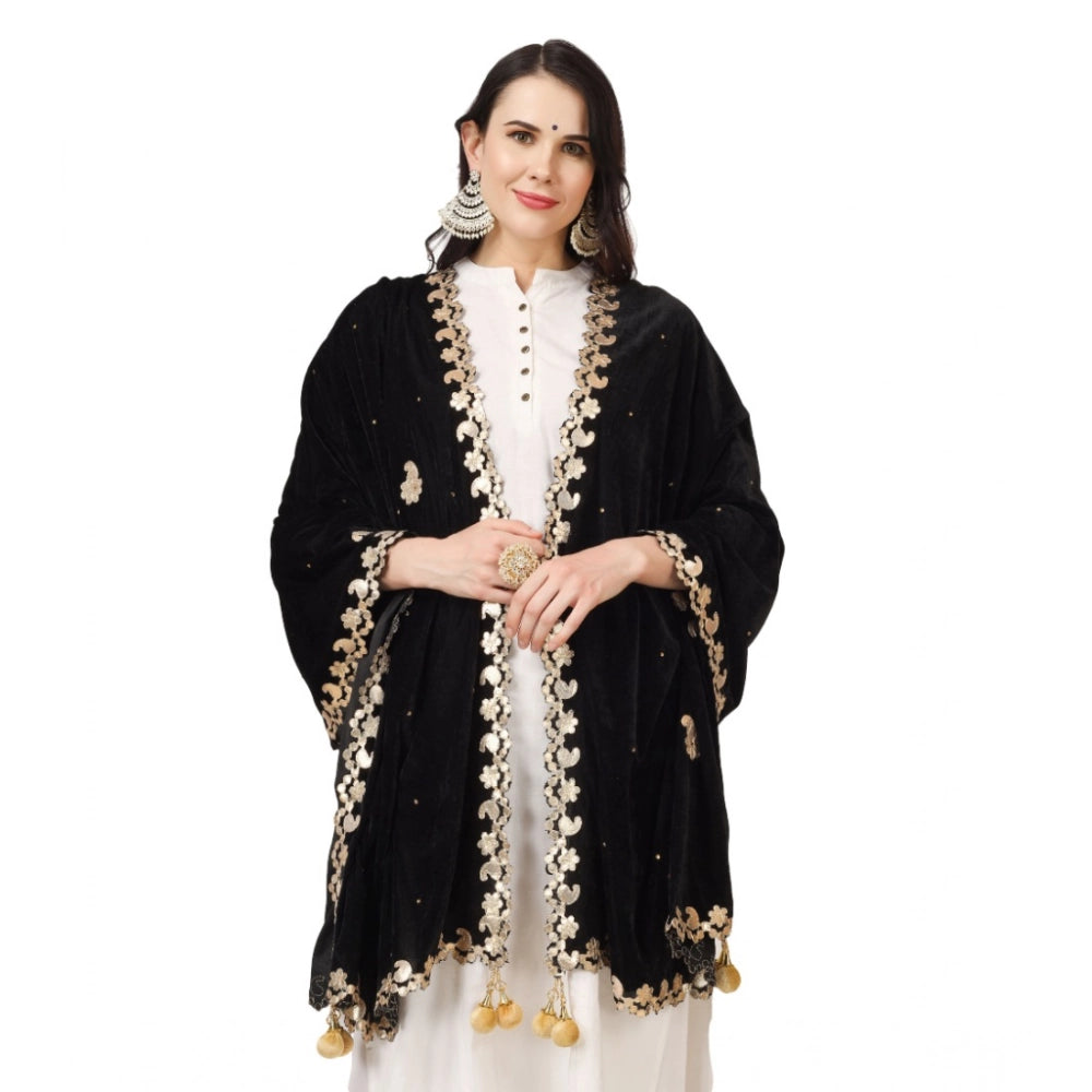 Women's Velvet Gotta Patti Shawl (Black, Length: 2.25 to 2.50 Mtr)