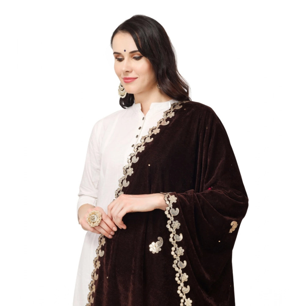 Women's Velvet Gotta Patti Shawl (Brown, Length: 2.25 to 2.50 Mtr)