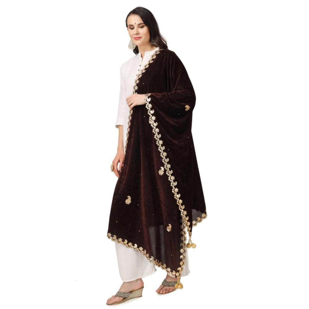 Women's Velvet Gotta Patti Shawl (Brown, Length: 2.25 to 2.50 Mtr)