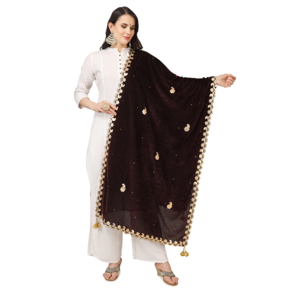 Women's Velvet Gotta Patti Shawl (Brown, Length: 2.25 to 2.50 Mtr)
