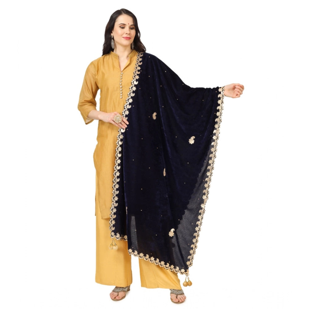 Women's Velvet Gotta Patti Shawl (Blue, Length: 2.25 to 2.50 Mtr)