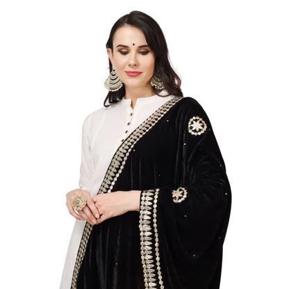 Women's Velvet Gotta Patti Shawl (Black, Length: 2.25 to 2.50 Mtr)
