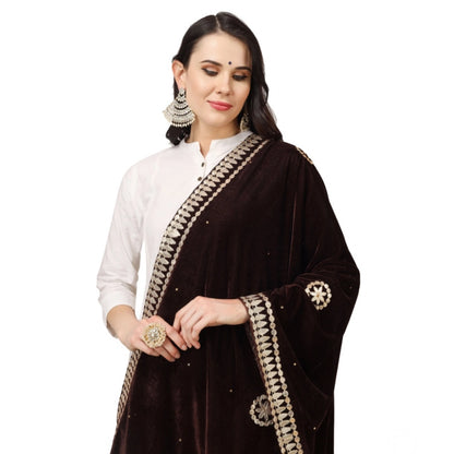 Women's Velvet Gotta Patti Shawl (Brown, Length: 2.25 to 2.50 Mtr)
