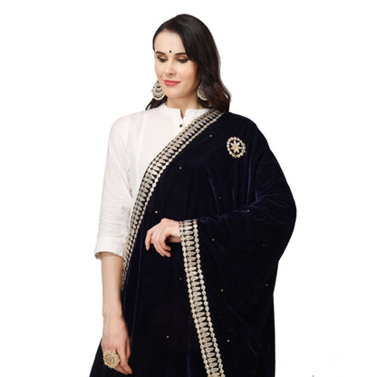Women's Velvet Gotta Patti Shawl (Blue, Length: 2.25 to 2.50 Mtr)