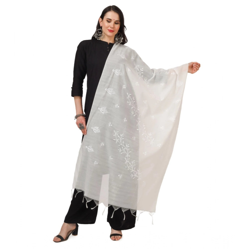 Women's Cotton Embroidered Shawl (White, Length: 2.25 to 2.50 Mtr)