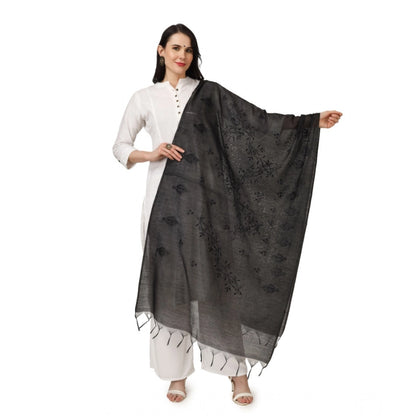 Women's Cotton Embroidered Shawl (Black, Length: 2.25 to 2.50 Mtr)