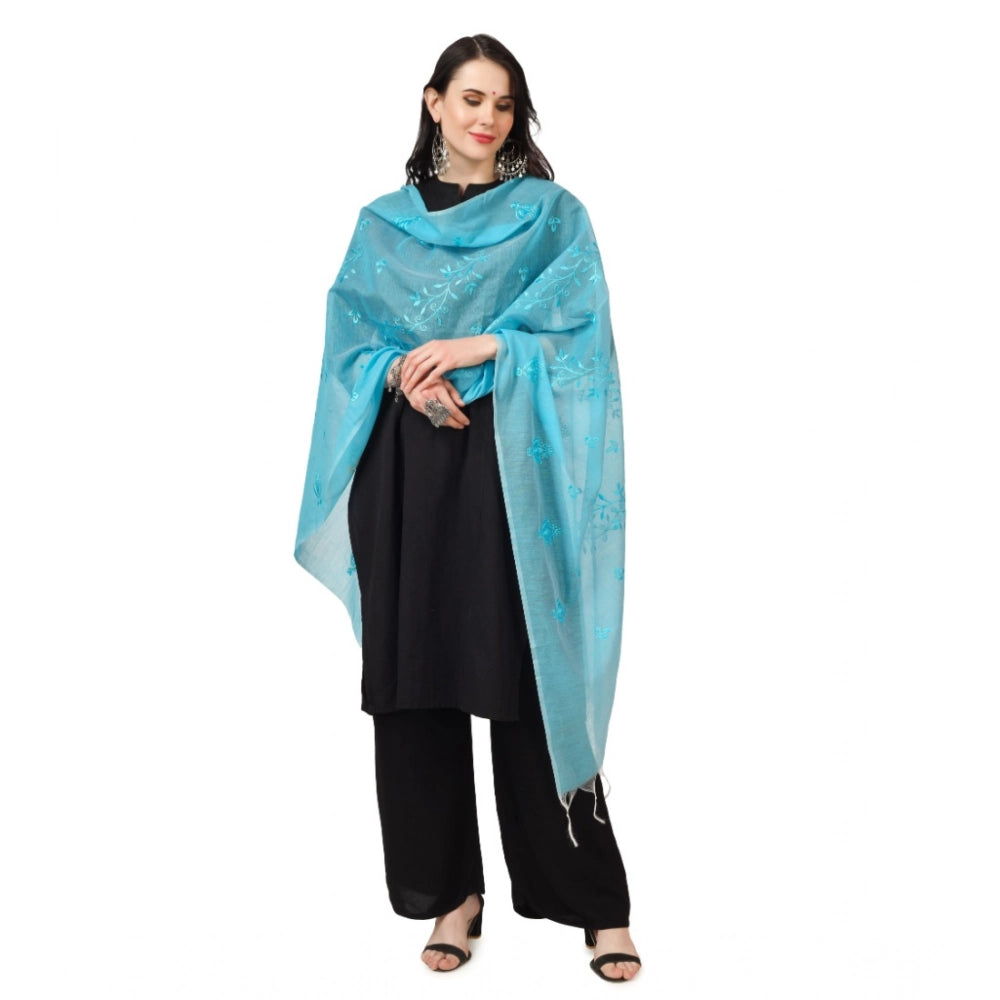 Women's Cotton Embroidered Shawl (Aqua Blue, Length: 2.25 to 2.50 Mtr)