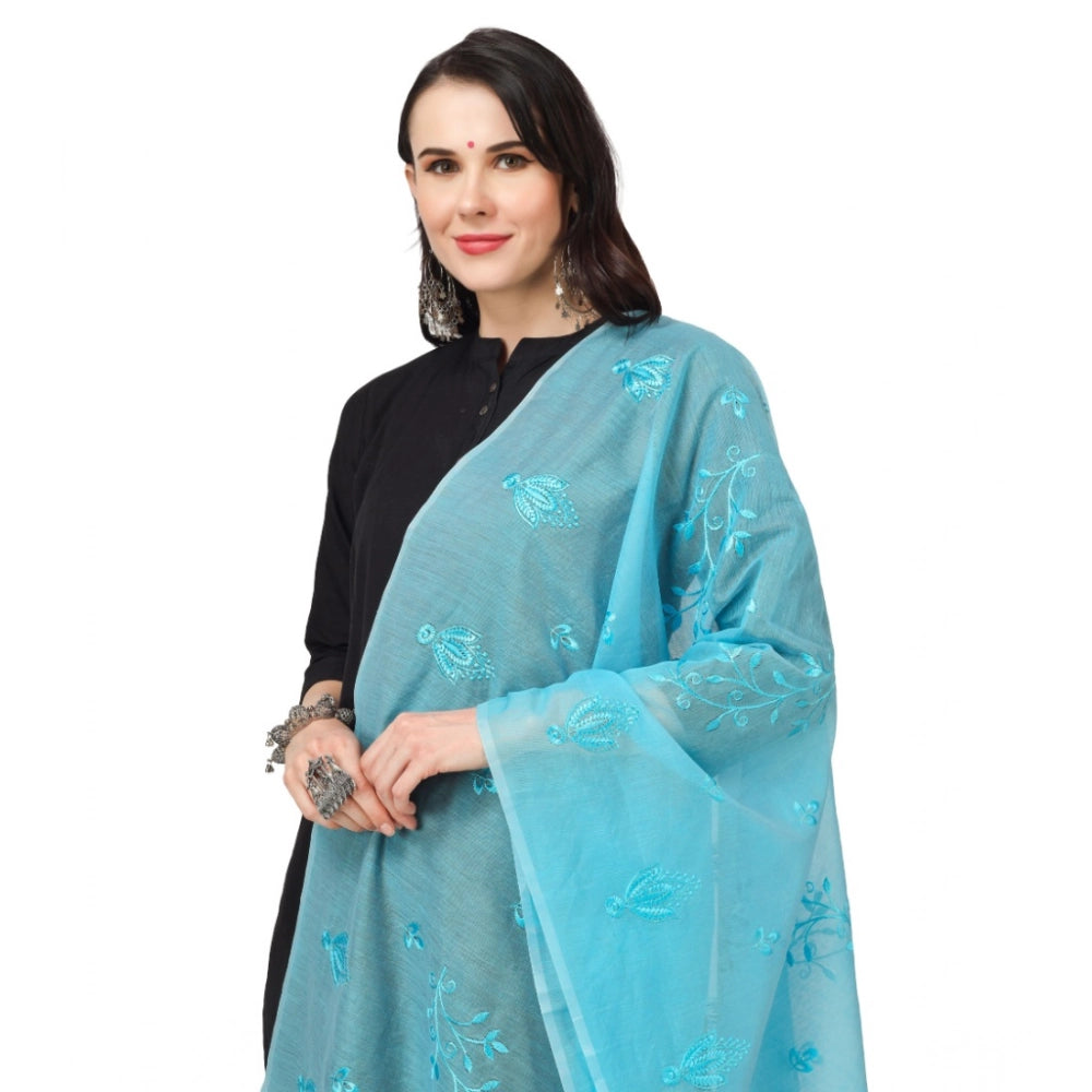 Women's Cotton Embroidered Shawl (Aqua Blue, Length: 2.25 to 2.50 Mtr)