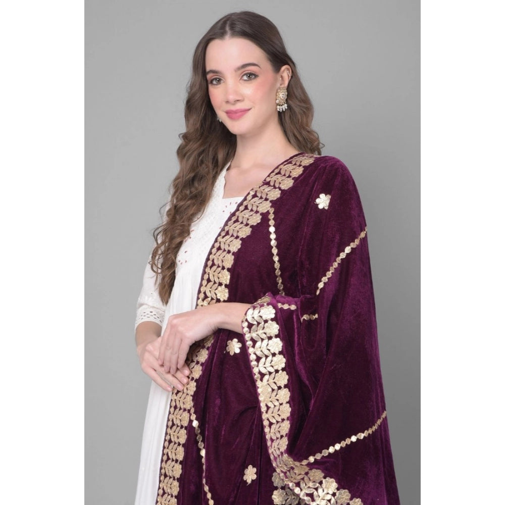 Women's Velvet Gotta Patti Shawl (Wine, Length: 2.25 to 2.50 Mtr)