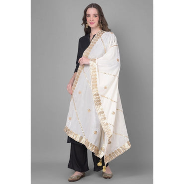Women's Velvet Gotta Patti Shawl (White, Length: 2.25 to 2.50 Mtr)
