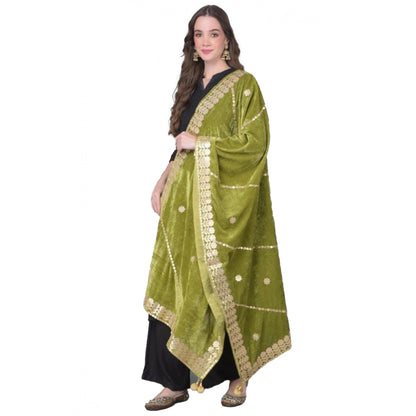 Women's Velvet Gotta Patti Shawl (Olive, Length: 2.25 to 2.50 Mtr)