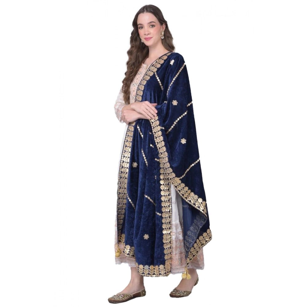 Women's Velvet Gotta Patti Shawl (Navy, Length: 2.25 to 2.50 Mtr)