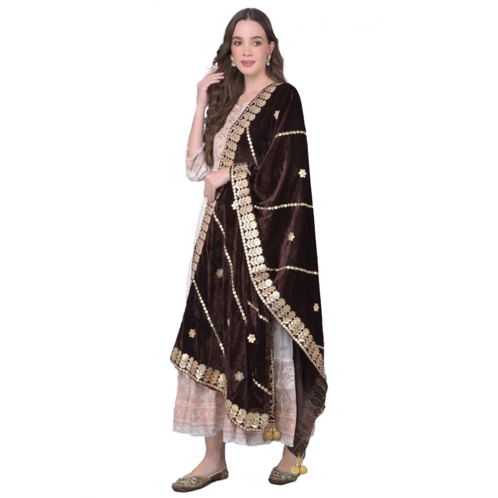 Women's Velvet Gotta Patti Shawl (Brown, Length: 2.25 to 2.50 Mtr)