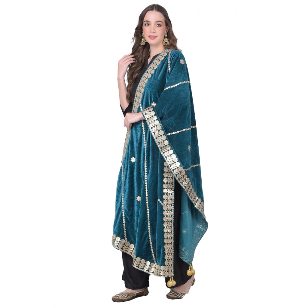 Women's Velvet Gotta Patti Shawl (Teal, Length: 2.25 to 2.50 Mtr)