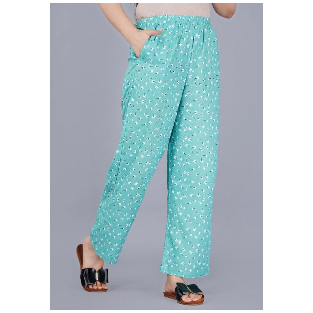 Women's Casual Half Sleeve Printed Viscose Rayon Shirt With Pyjama Pant Night Suit Set (Green)