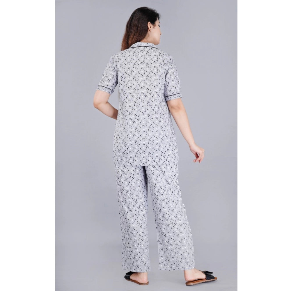 Women's Casual Half Sleeve Printed Viscose Rayon Shirt With Pyjama Pant Night Suit Set (Grey)