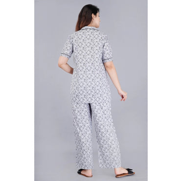 Women's Casual Half Sleeve Printed Viscose Rayon Shirt With Pyjama Pant Night Suit Set (Grey)