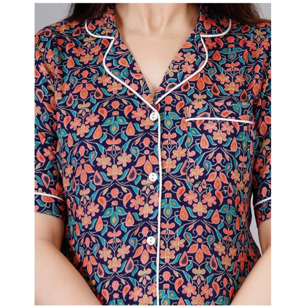 Women's Casual Half Sleeve Printed Viscose Rayon Shirt With Pyjama Pant Night Suit Set (Blue)