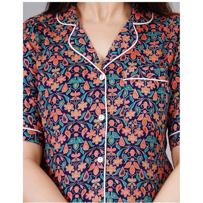 Women's Casual Half Sleeve Printed Viscose Rayon Shirt With Pyjama Pant Night Suit Set (Blue)