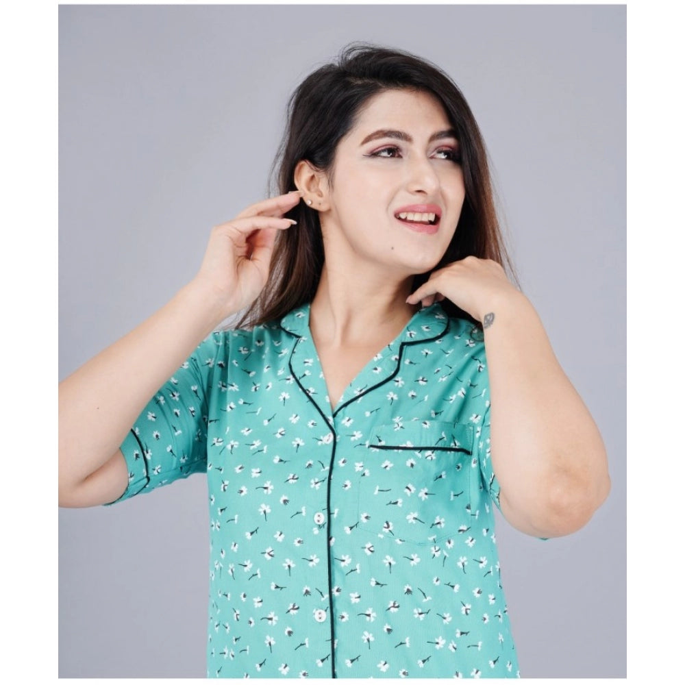 Women's Casual Half Sleeve Printed Viscose Rayon Shirt With Pyjama Pant Night Suit Set (Green)