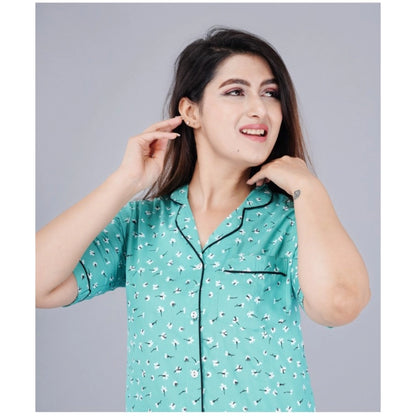 Women's Casual Half Sleeve Printed Viscose Rayon Shirt With Pyjama Pant Night Suit Set (Green)
