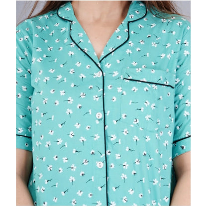 Women's Casual Half Sleeve Printed Viscose Rayon Shirt With Pyjama Pant Night Suit Set (Green)