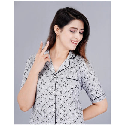 Women's Casual Half Sleeve Printed Viscose Rayon Shirt With Pyjama Pant Night Suit Set (Grey)