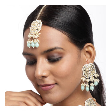 Women's Rose Gold Plated Alloy Kundan Earrings & Mangtikka (White)