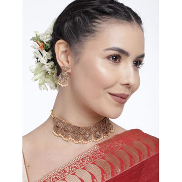 Women's Rose Gold Plated Alloy Necklace & Earings Set (Gold)