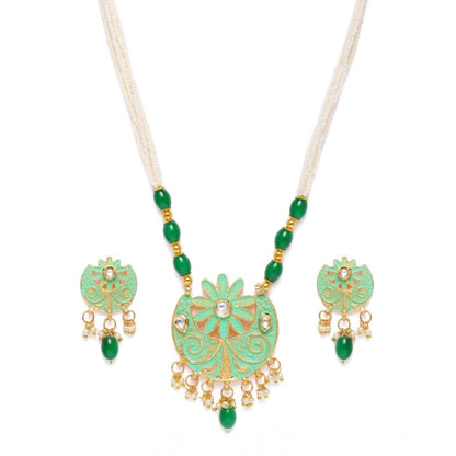 Women's Rose Gold Plated Alloy Necklace & Earings Set (Green)