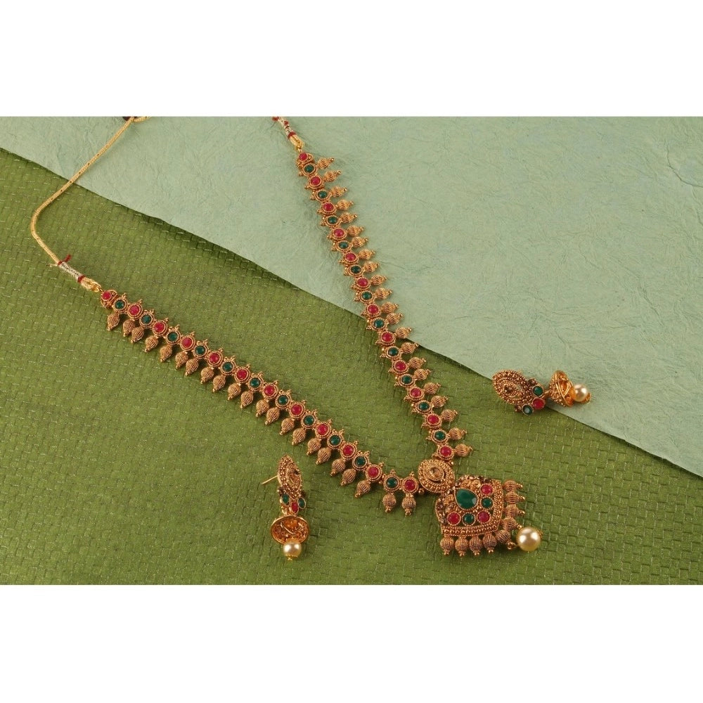 Women's Rose Gold Plated Alloy Necklace & Earings Set (Green & Red)
