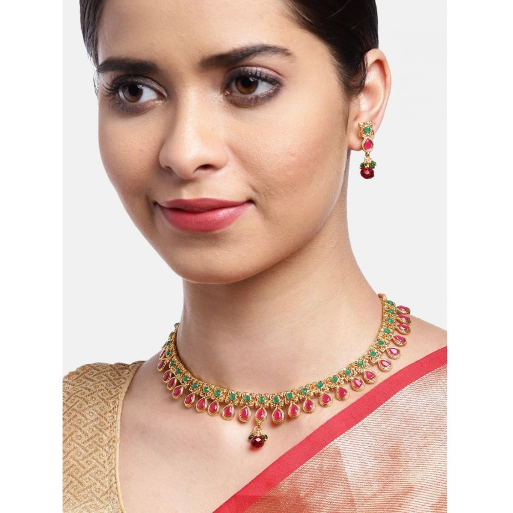 Women's Rose Gold Plated Alloy Necklace & Earings Set (Green & Red)
