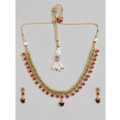 Women's Rose Gold Plated Alloy Necklace & Earings Set (Green & Red)
