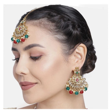 Women's Rose Gold Plated Alloy Kundan Earrings & Mangtikka (Red & Green)