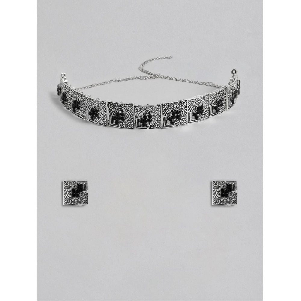 Women's Rose Gold Plated Alloy Necklace & Earings Set (Silver & Black)