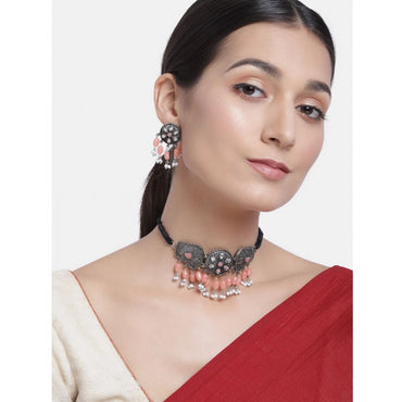 Women's Rose Gold Plated Alloy Necklace & Earings Set (Orange)