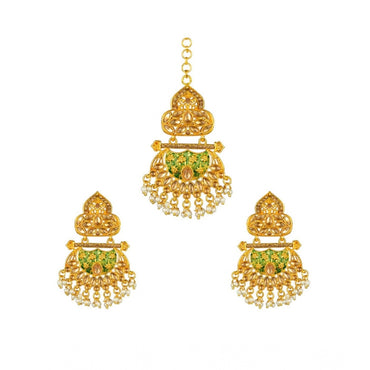 Women's Rose Gold Plated Alloy Kundan Earrings & Mangtikka (Green)