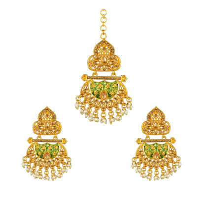 Women's Rose Gold Plated Alloy Kundan Earrings & Mangtikka (Green)