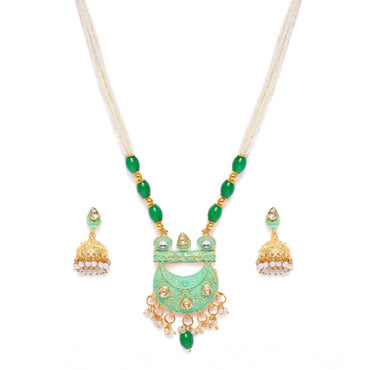Women's Rose Gold Plated Alloy Necklace & Earings Set (Green)