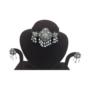 Women's Rose Gold Plated Alloy Necklace & Earings Set (Silver & White)