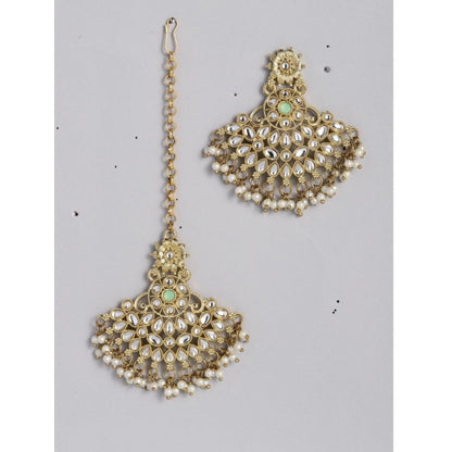 Women's Rose Gold Plated Alloy Kundan Earrings & Mangtikka (White)