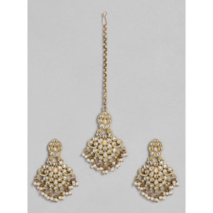 Women's Rose Gold Plated Alloy Kundan Earrings & Mangtikka (White)