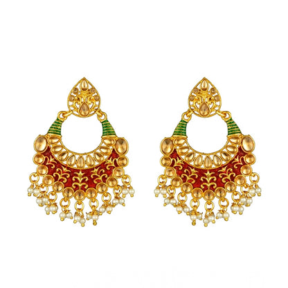 Women's Rose Gold Plated Alloy Kundan Earrings & Mangtikka (Red & Green)