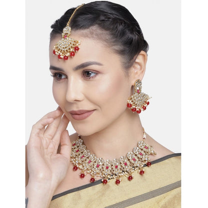 Women's Rose Gold Plated Alloy Necklace & Earings Set (Red)